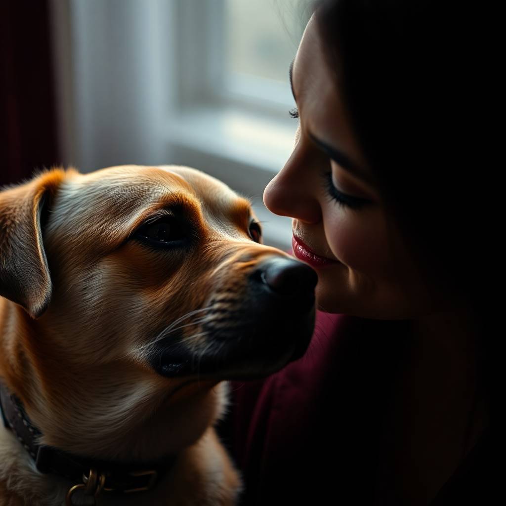 A close-up of a dog and their owner looking lovingly into each other's eyes.