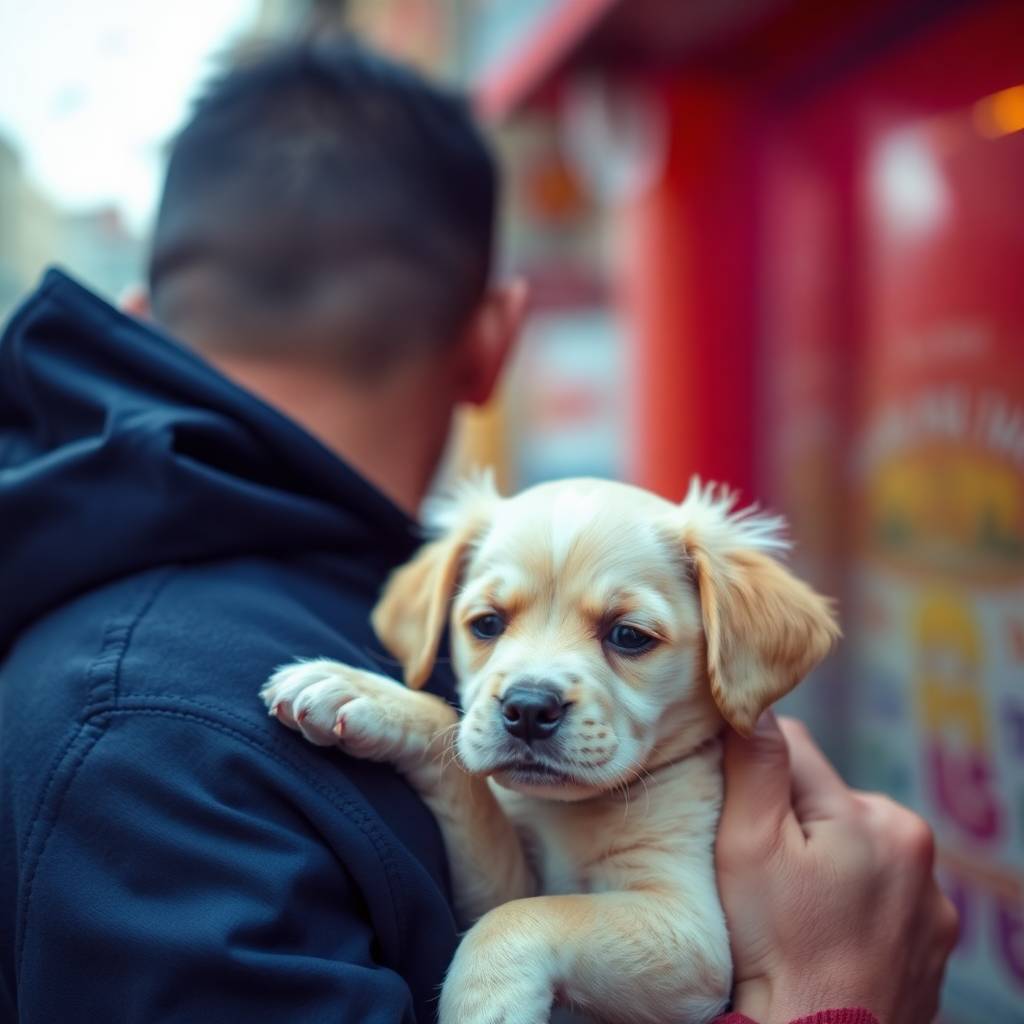 A golden retriever puppy snuggling with its owner on a cozy couch.