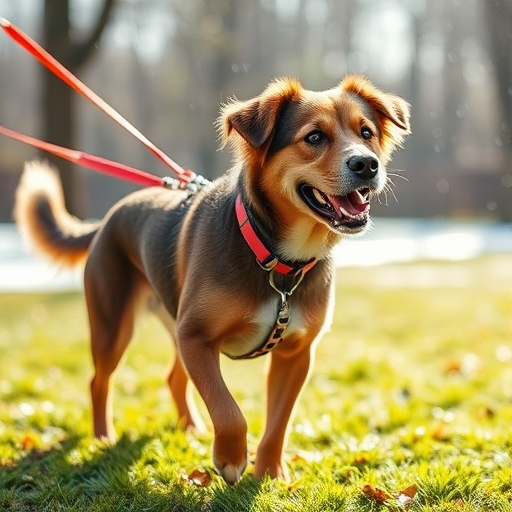 A happy dog on a leash walking in a grassy area, with sunlight filtering through trees in the background. The dog appears energetic and well-prepared for a safe walk.