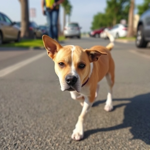 A close-up of a dog walking confidently on a paved road with a leash. The background shows parked cars and greenery, suggesting a sunny day.