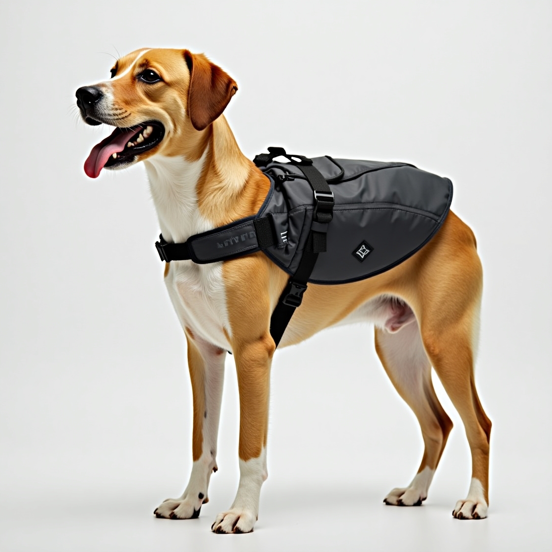 A Golden Retriever hikes a forest trail wearing a Ruffwear Approach Dog Pack, surrounded by lush green trees under a bright blue sky, showcasing the best dog backpack for outdoor adventures.
