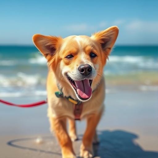 A cheerful dog on a leash at a sunny beach, with the ocean waves visible in the background. The dog looks relaxed and content, enjoying a safe and comfortable environment.