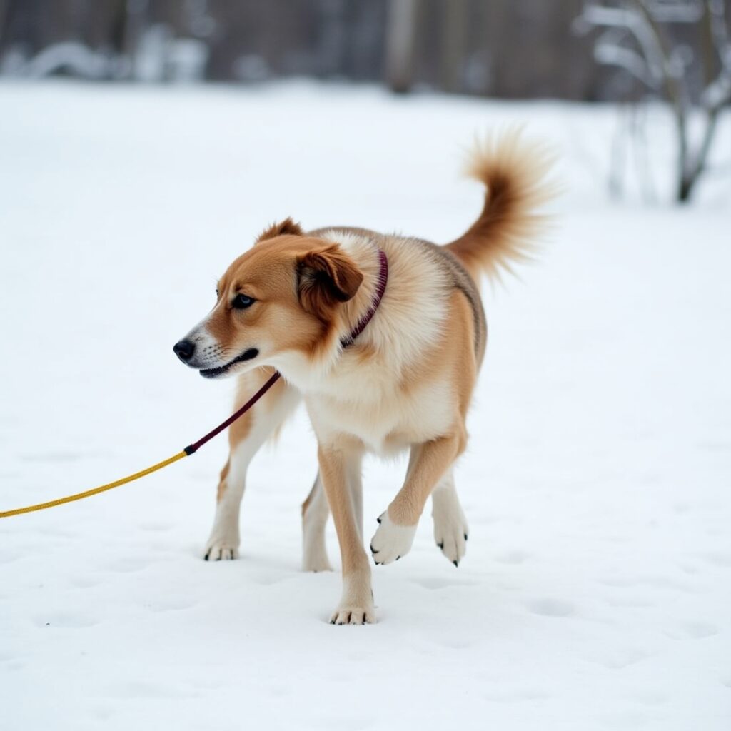 A brown and white dog with a leash walking through the snow.

