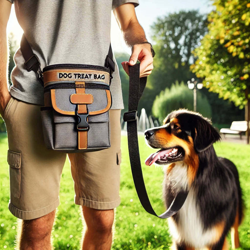 Person using a dog treat bag with a magnetic closure and adjustable strap while walking a happy dog in a sunny park