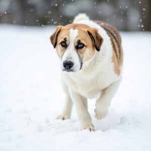 A medium-sized dog with a white coat and brown patches walking through a snowy field.