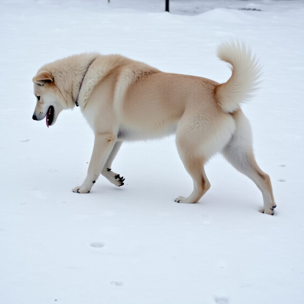 A tan-colored dog with a bushy tail walking through a snowy field.

