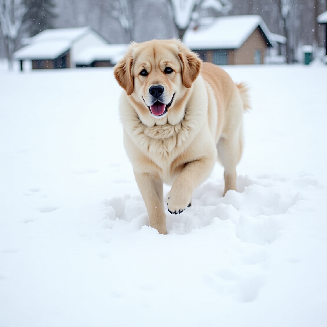 A brown and white dog with floppy ears walking through the snow.