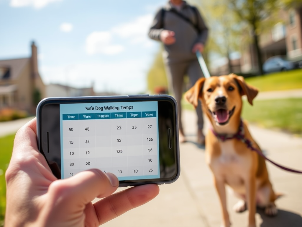 Person holding a phone showing a safe dog walking temperature chart, with a dog in the background.