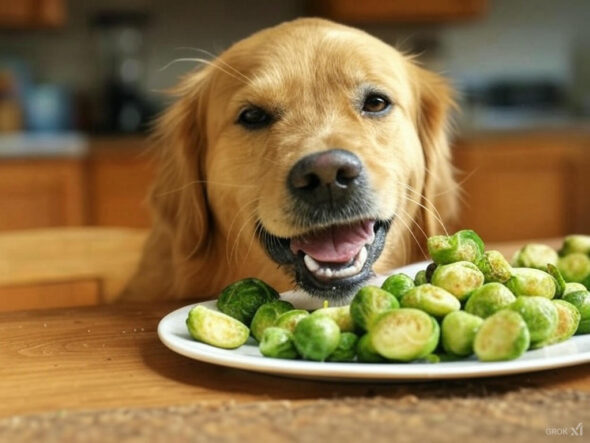A happy dog eating cooked Brussels sprouts in a cozy kitchen, with steamed Brussels sprouts on a plate, highlighting a safe, cooked treat for dogs when asking 'Can dogs eat Brussels sprouts?'