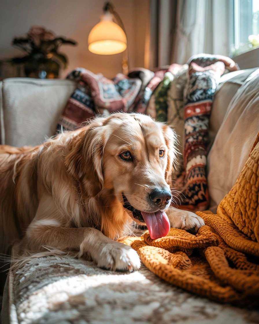 Dog licking a couch in a cozy living room possible sign of boredom or stress.
