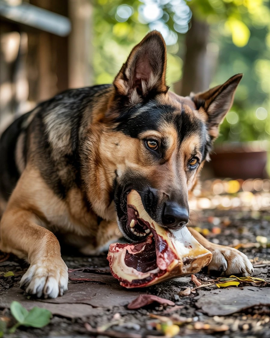 German Shepherd dog chewing on a beef marrow bone, showing rich marrow inside. Healthy dog treat for pets.